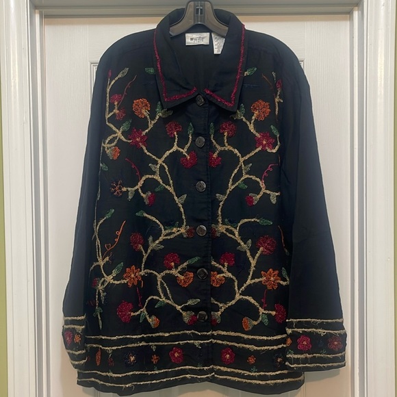 Units - silk blend black jacket with floral crewel embroidery - size XL - Picture 1 of 5